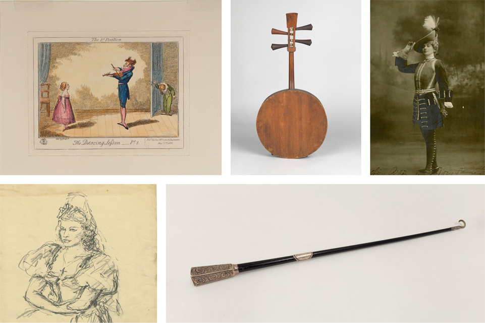 A collage image of 5 artefacts from left to right: dancing lesson etchings, Yueqin (wooden string instrument), old photograph of you women dressed in opera costume with large hat and feather (Mary Gar